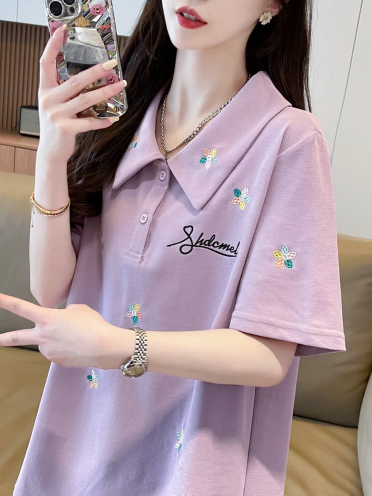 ポロシャツ 半袖 花刺繍デザイン 上品ポロシャツ