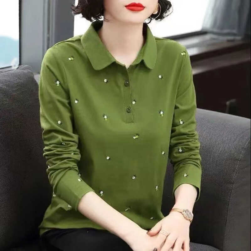 ポロシャツ 長袖 小花刺繍入り